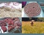 Ensemble de photos représentant des saucisses, de la viande de bœuf